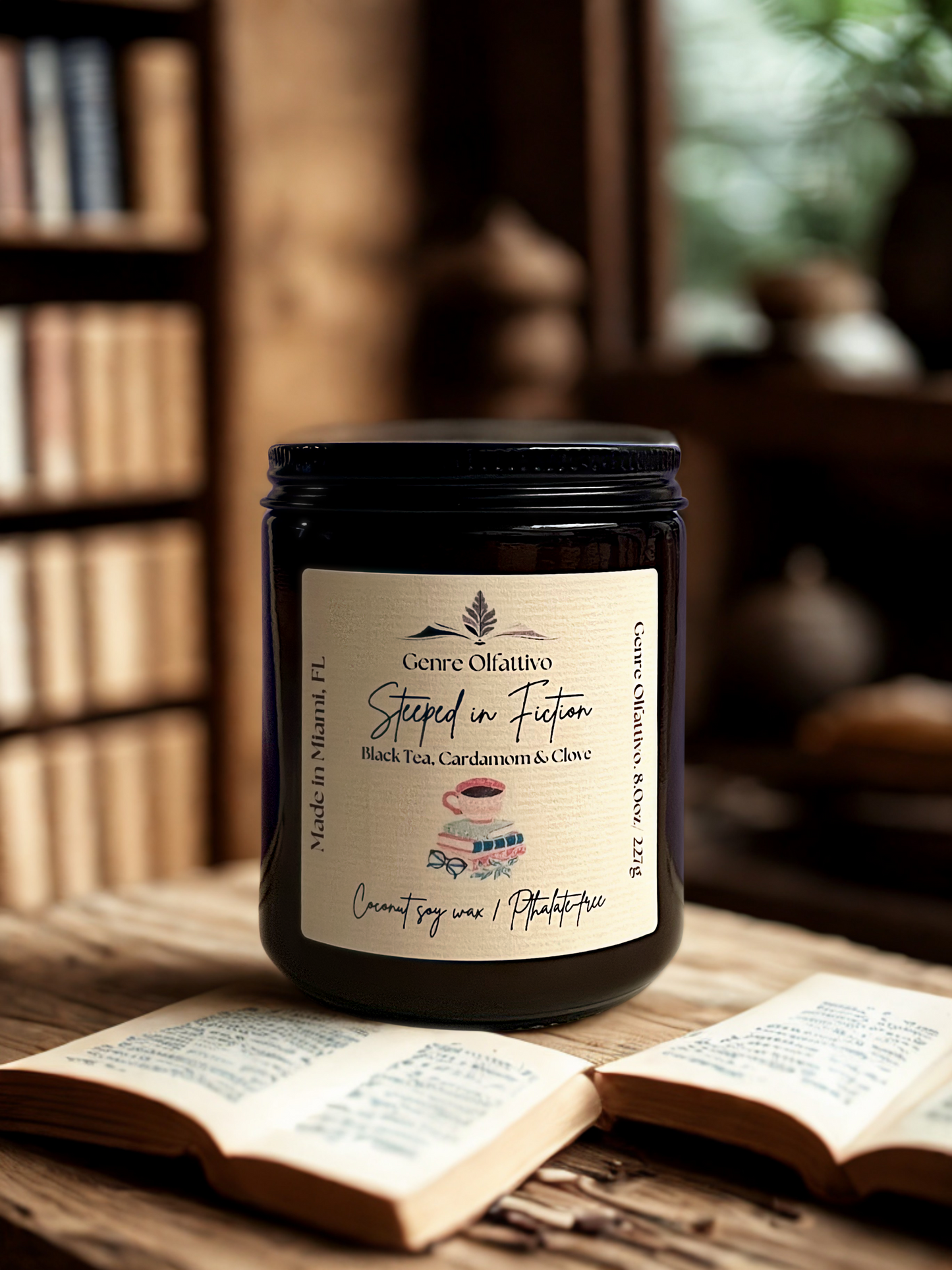 Steeped in Fiction: Bookish Candle 8oz Amber Jar