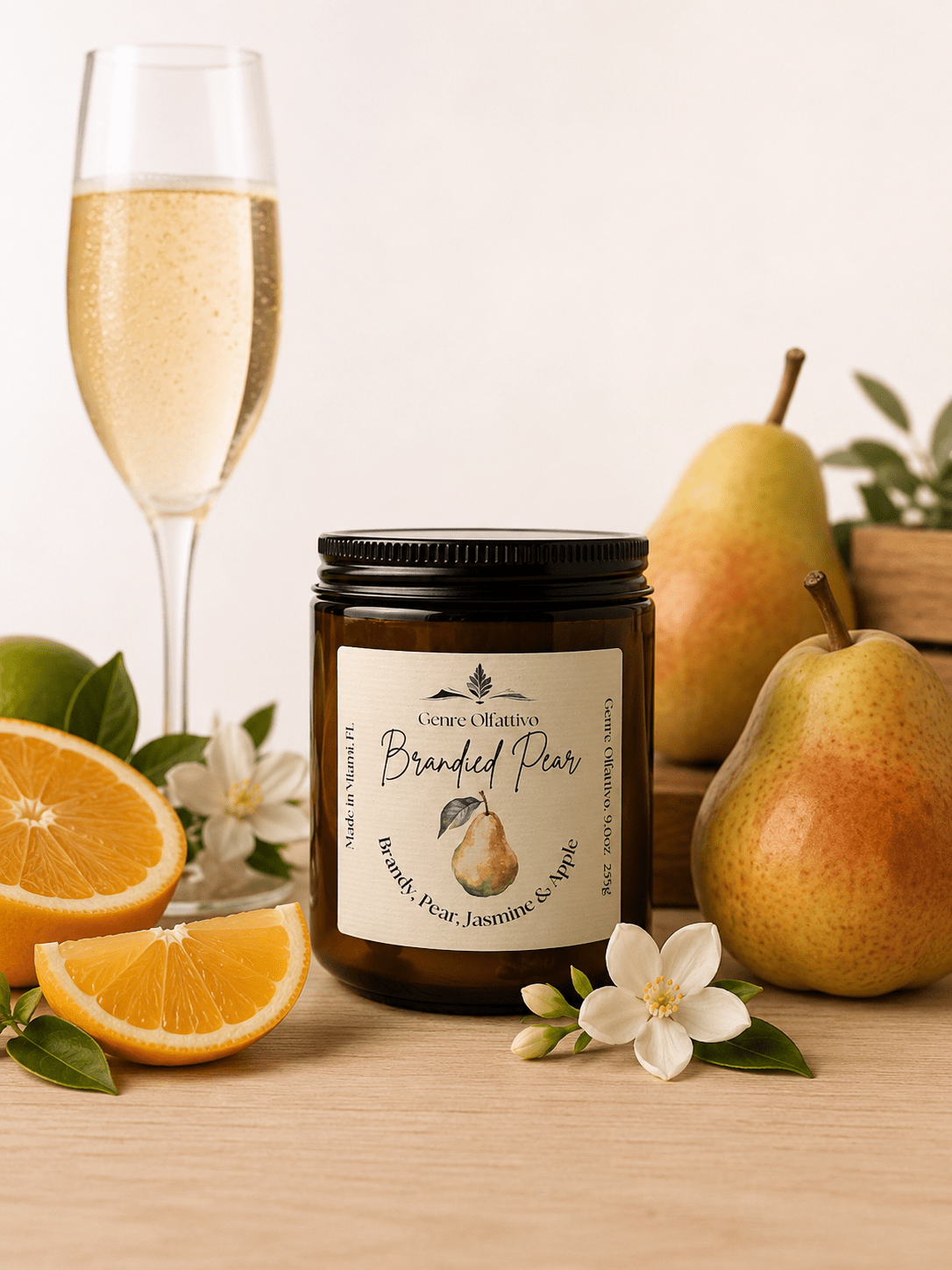 Brandied Pear | 8 oz Coconut Wax Candle | Single Cotton Wick | Amber Glass Jar - Genre Olfattivo