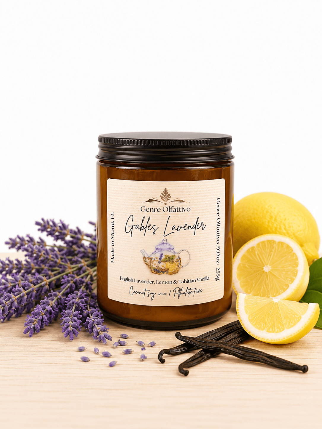 Gables Lavender: 8oz Amber Jar English Lavender, Mayer Lemon & Tahitian Vanilla - Genre Olfattivo