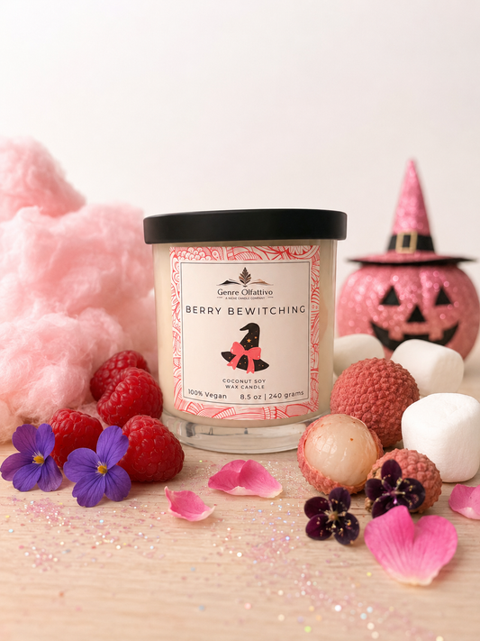 A jar candle labeled 'Berry Bewitching' by Ghost Creations, styled with pink cotton candy, raspberries, lychee, white marshmallows, purple flowers, and a pink witch hat pumpkin on a light wood surface.
Fun witch, pink witch, pink Halloween.