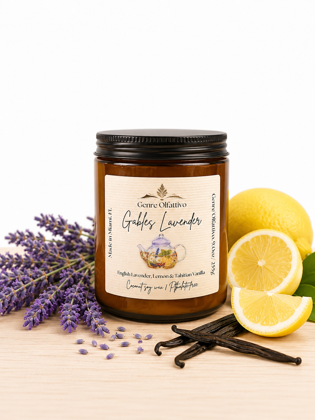 Vanilla and lavender candle, Candle labeled 'Gables Lavender' with lavender, lemons, and vanilla beans on a light background