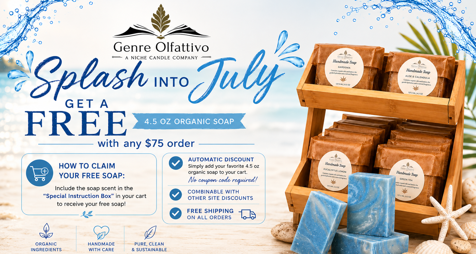 Free Soap with Purchase, Splash into July, Candle and Artisan Soap Promo, July Promo