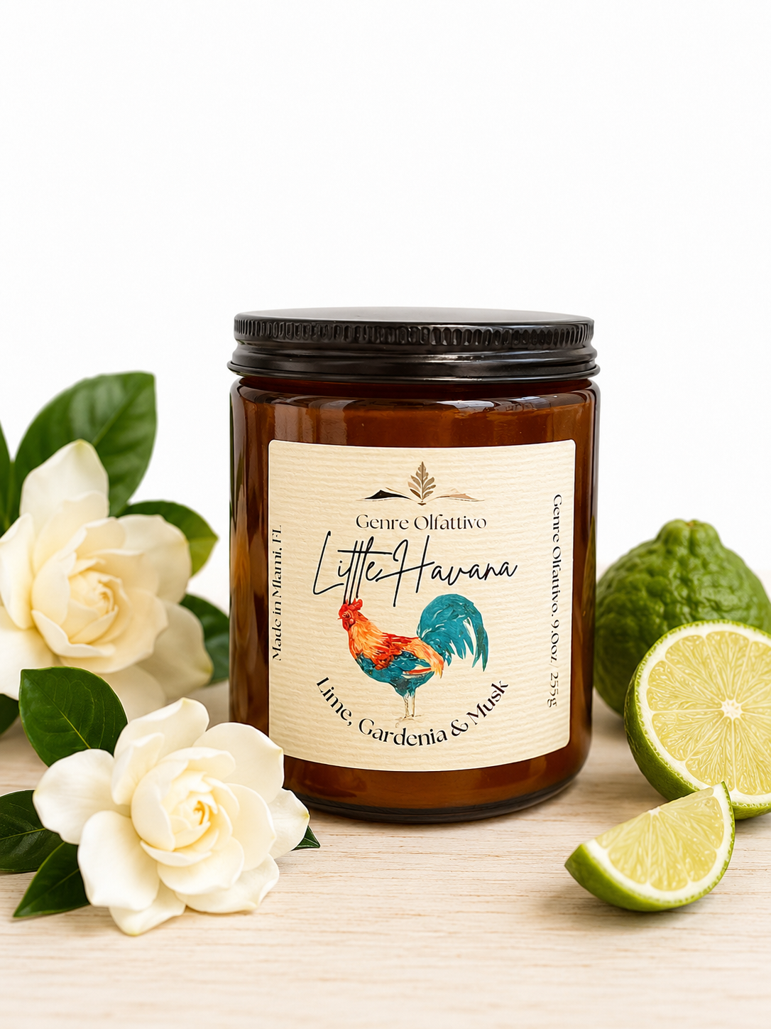Gardenia candle, lime candle, Little Havana Candle, Candle labeled 'Little Havana' with flowers and limes on a white background