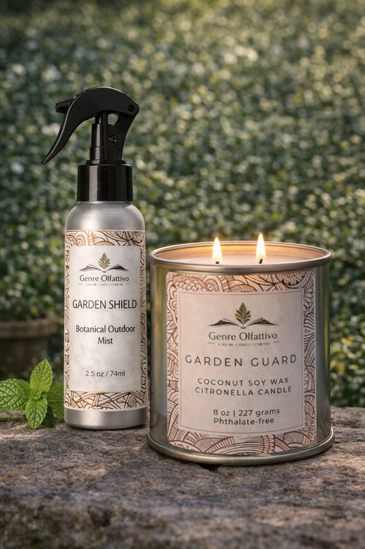 Garden Shield mist spray and Garden Guard candle on a stone surface with a greenery background