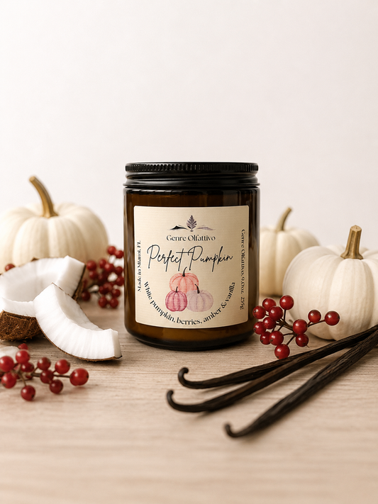 A jar candle labeled 'Perfect Pumpkin' by Genre Olfattivo sits on a light wood surface surrounded by small white pumpkins, red berries, coconut pieces, and vanilla beans against a soft cream background.
Amber pumpkin scent, pumpkin candle, artisan Halloween candle, Perfect Fall Candle, White Pumpkin Candle.
