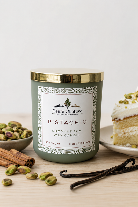 A 11 oz jar candle by Genre Olfattivo labeled 'Pistachio' sits on a light wood surface with scattered pistachios, cinnamon sticks, vanilla beans, and a slice of cake in the background, creating a cozy, natural scent scene.