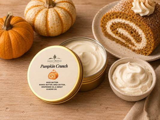 Pumpkin Crunch body butter in a round gold tin with a cream-colored label, shown alongside an open tin of whipped body butter and a small bowl of body butter on a wooden table, with pumpkins and a pumpkin spice roll cake in the background.
