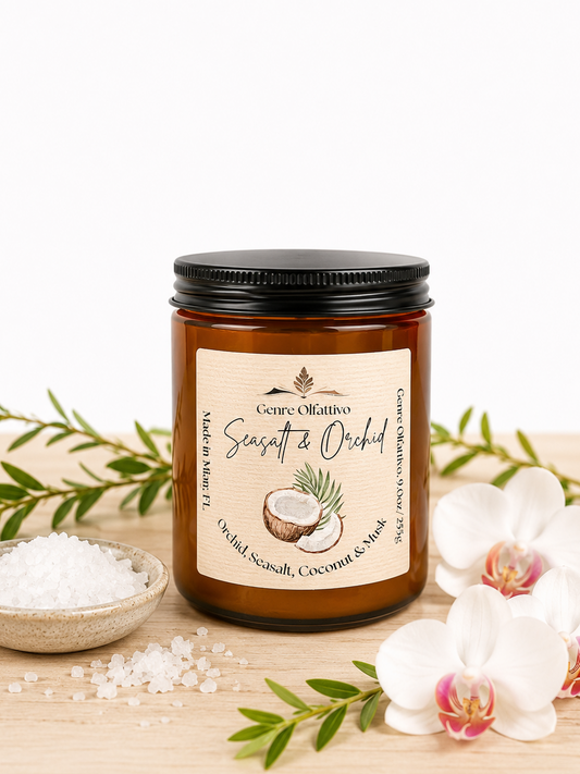 Candle jar with coconut and orchid design on a wooden surface with flowers and leaves.