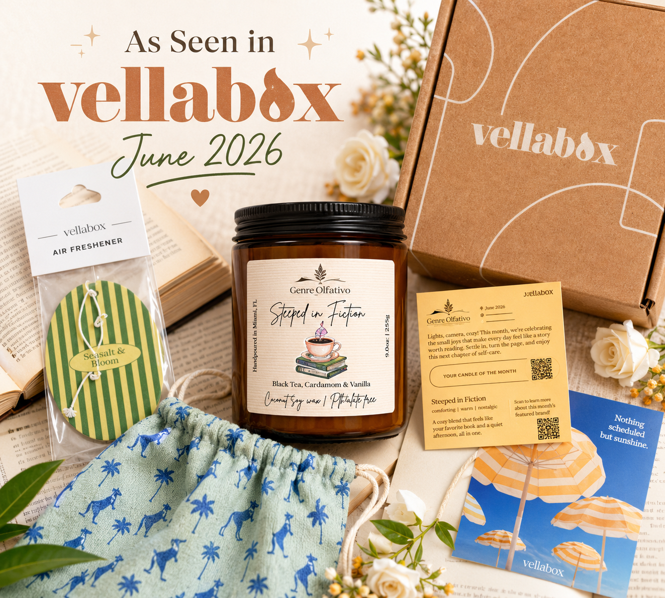 Vellabox June 2026 contents including a candle, air freshener, and other items on a wooden surface.