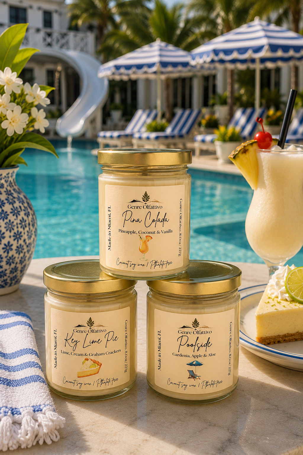 Three jars of Key Largo Candles by the poolside with a tropical setting