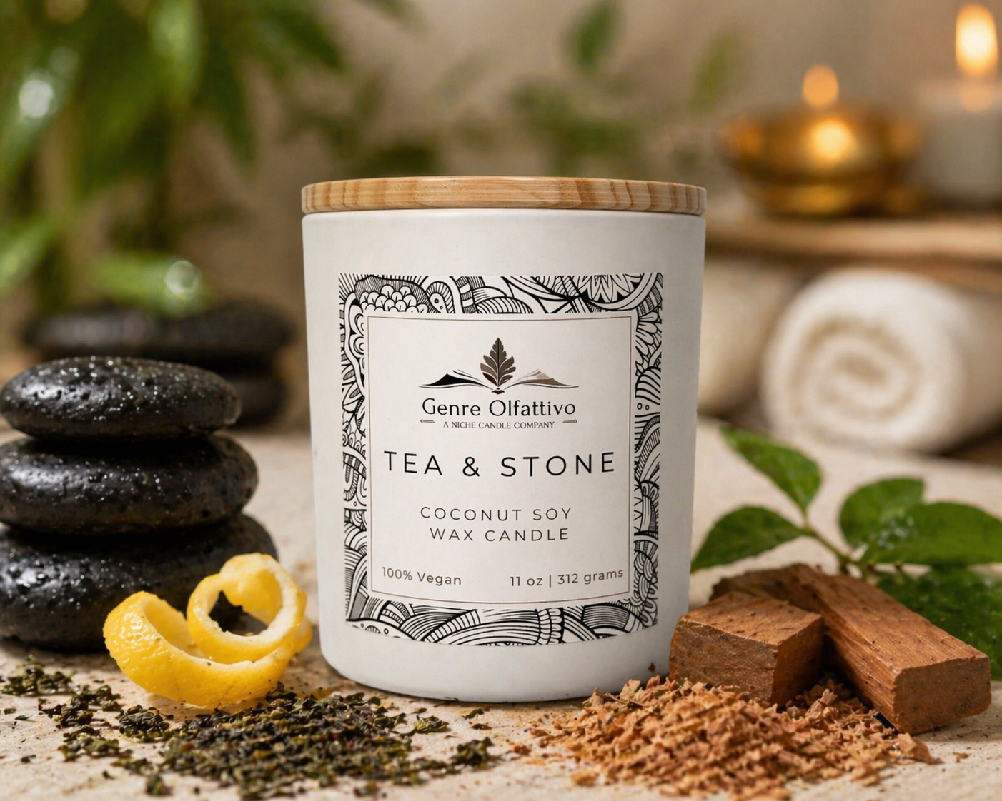 Candle labeled 'Tea & Stone' by Genre Offlttivo on a surface with stones, leaves, and candles in the background.