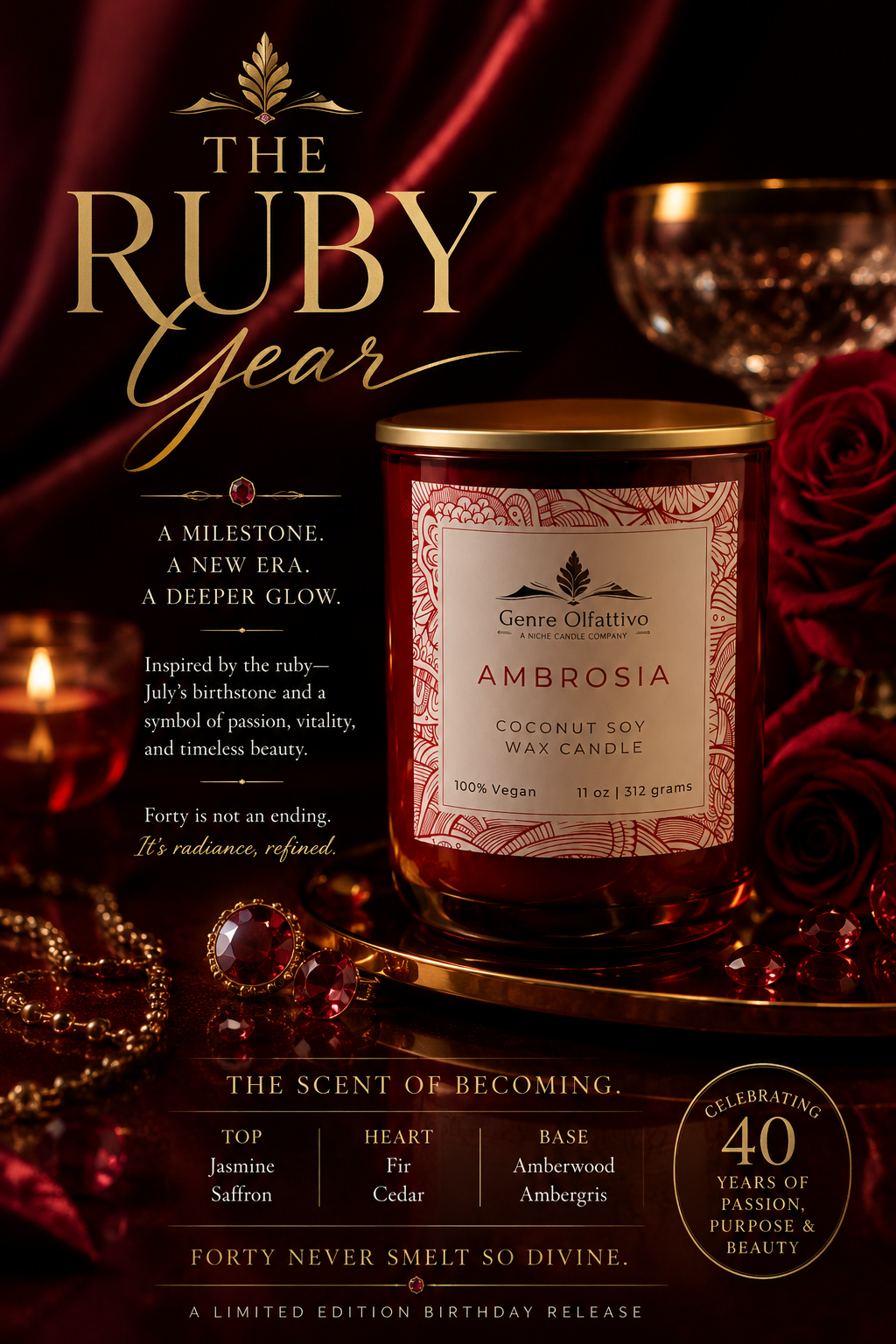 Baccarat Rouge Ambrosia candle with decorative text and design elements on a dark background.