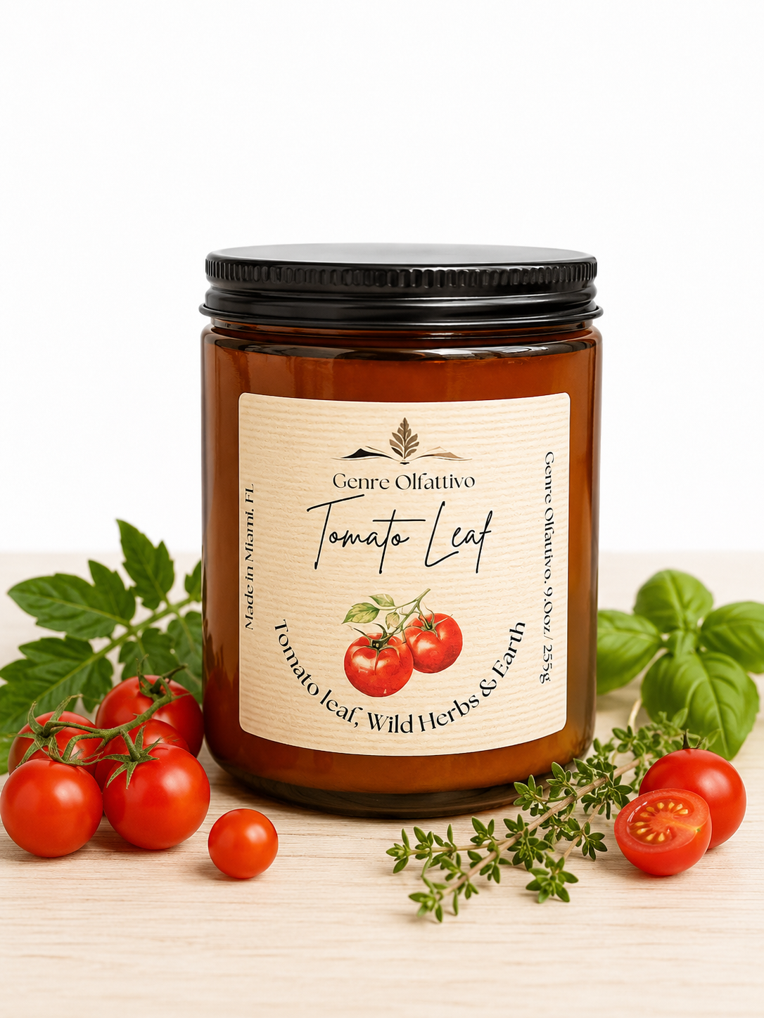 Jar of tomato leaf candle with tomatoes and leaves on a light background, tomato candle, tomato leaf fragrance