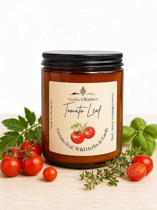 Jar of tomato leaf candle with tomatoes and leaves on a light background, tomato candle, tomato leaf fragrance