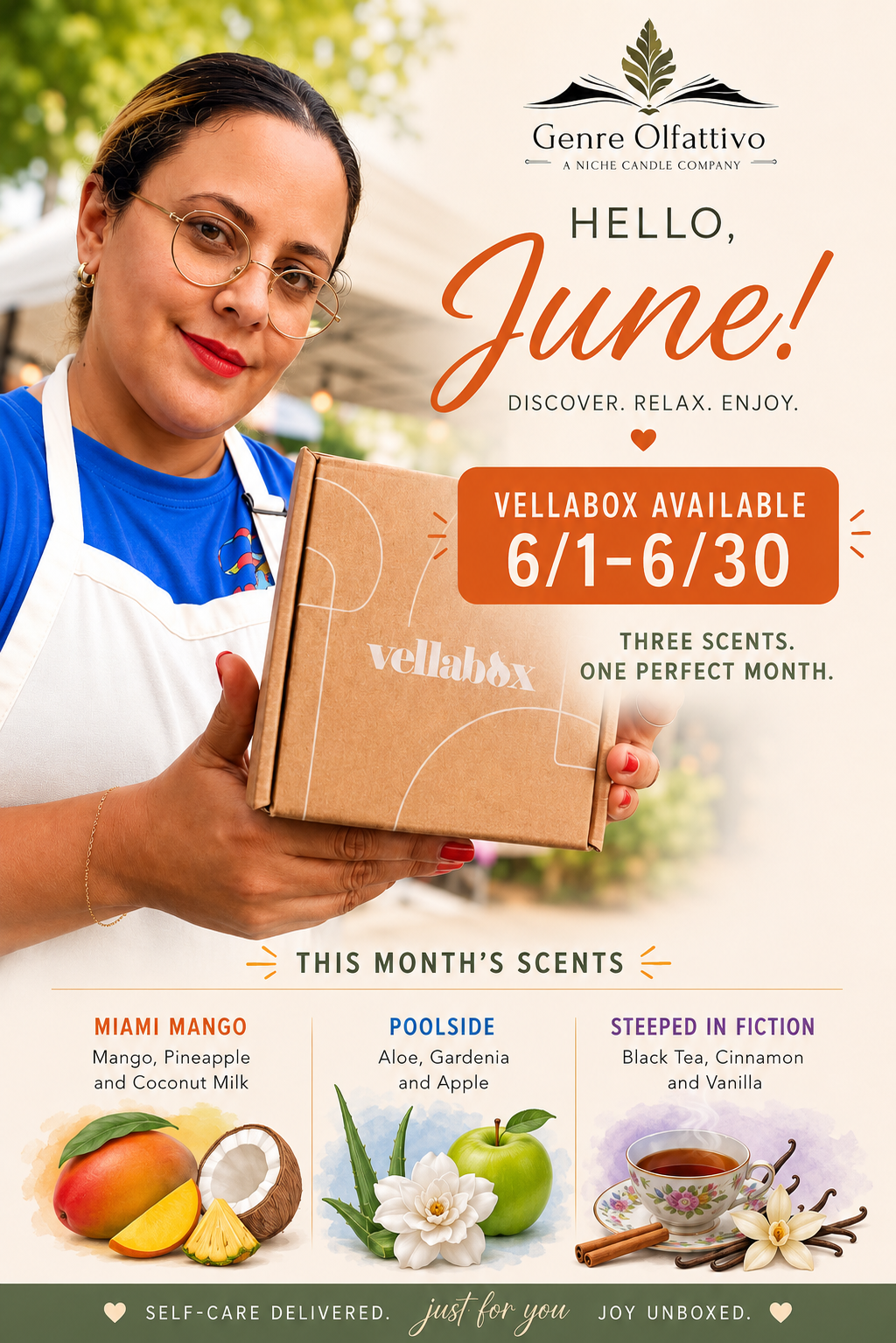 Promotional image for Genre Olfattivo with a woman holding a Vellabox, featuring scents like Miami Mango, Poolside, and Steeped in Fiction.