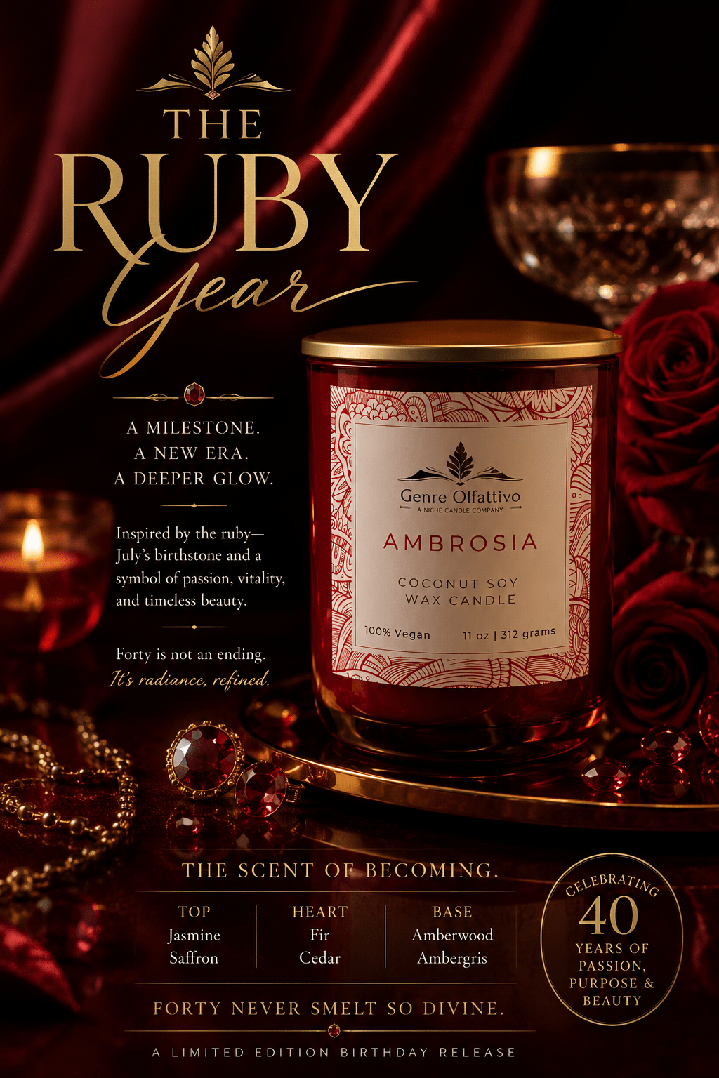 Ambrosia 40th Year, Ruby Red Candle, 11oz - Genre Olfattivo