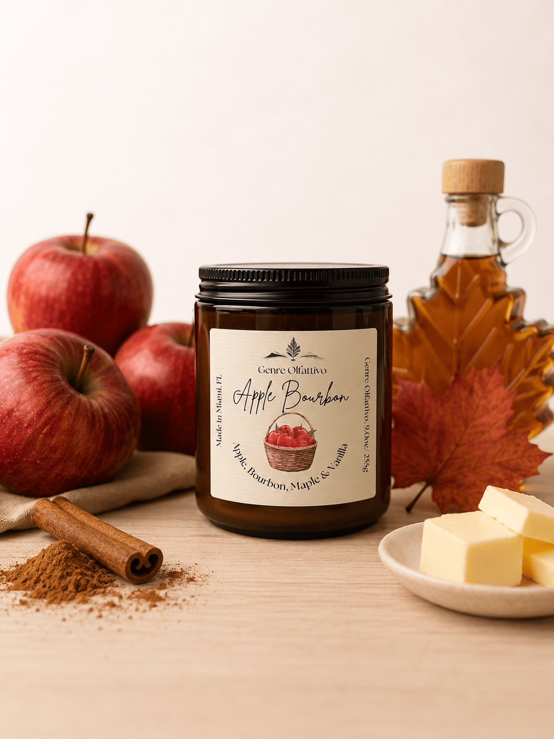 Apple Bourbon | 8 oz Coconut Wax Candle | Single Cotton Wick | Amber Glass Jar - Genre Olfattivo