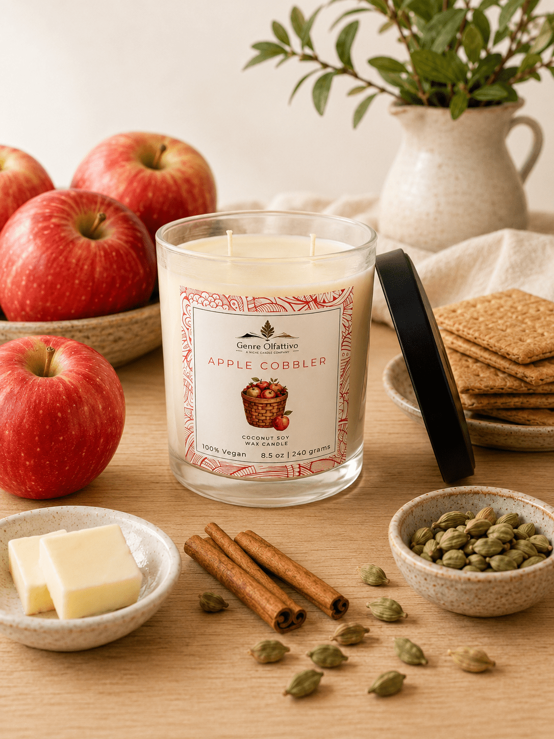 Apple Cobbler | 8.5 oz Coconut Wax Candle | Double Cotton Wick | Clear Glass Jar | Matte Black Lid - Genre Olfattivo