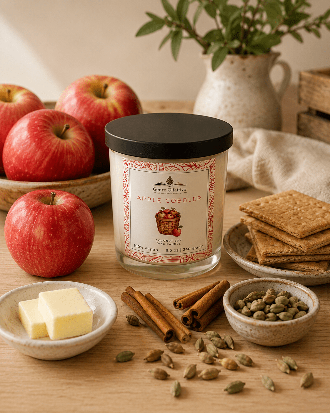Apple Cobbler | 8.5 oz Coconut Wax Candle | Double Cotton Wick | Clear Glass Jar | Matte Black Lid - Genre Olfattivo