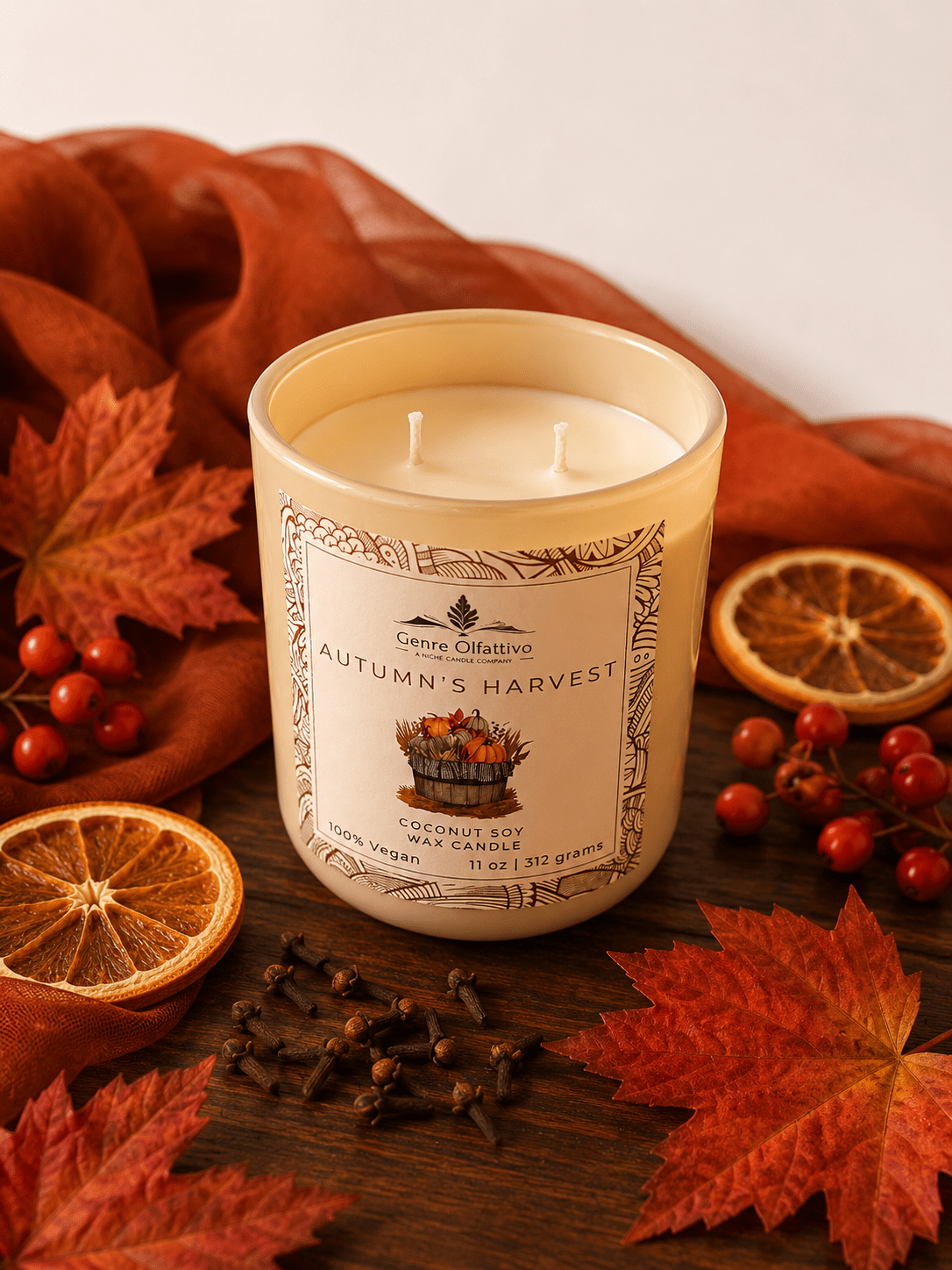 Autumn’s Harvest 11oz Beige Jar: Apple, Cinnamon, Cedar & Pecan - Genre Olfattivo