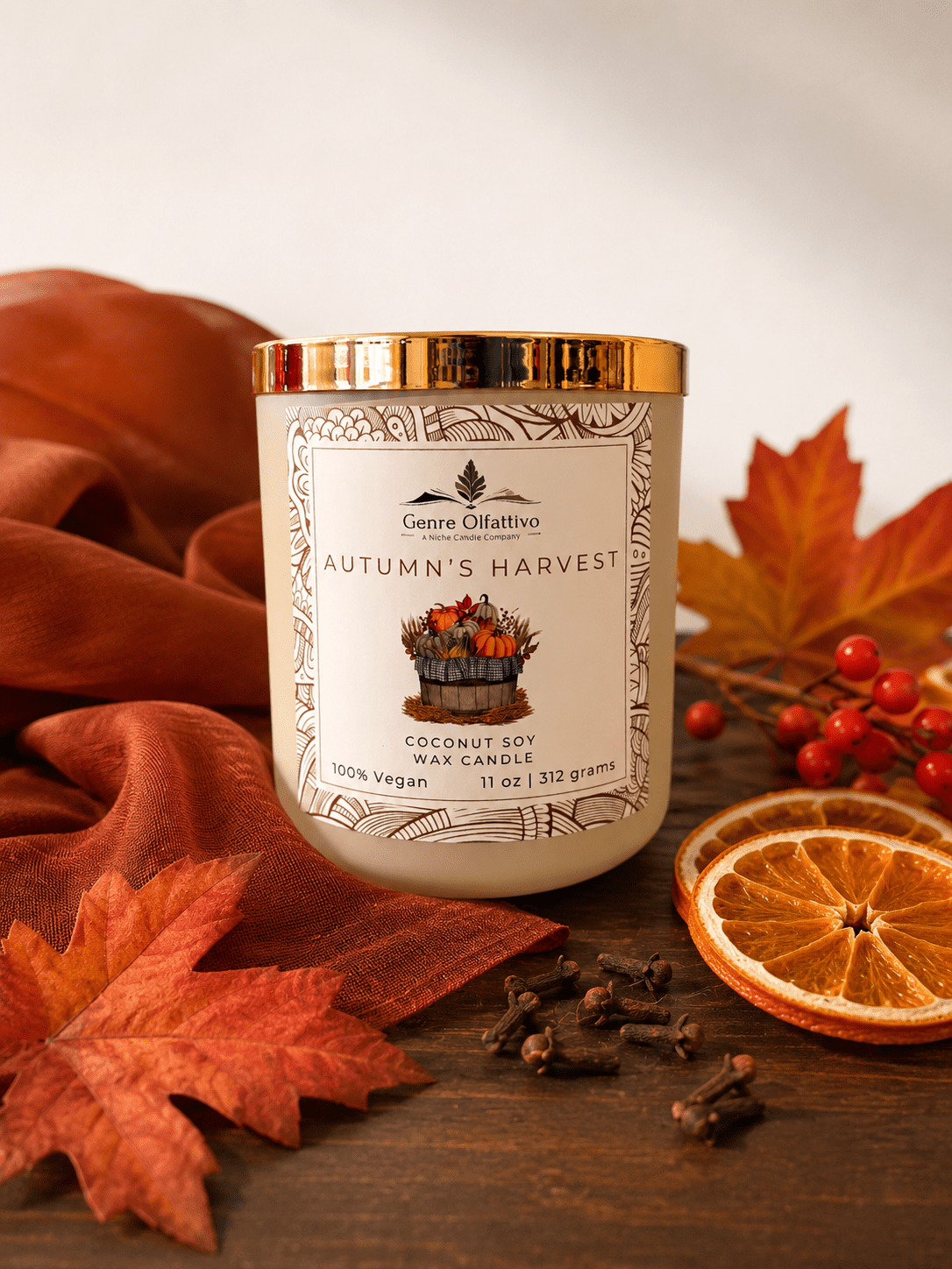 Autumn’s Harvest 11oz Beige Jar: Apple, Cinnamon, Cedar & Pecan - Genre Olfattivo