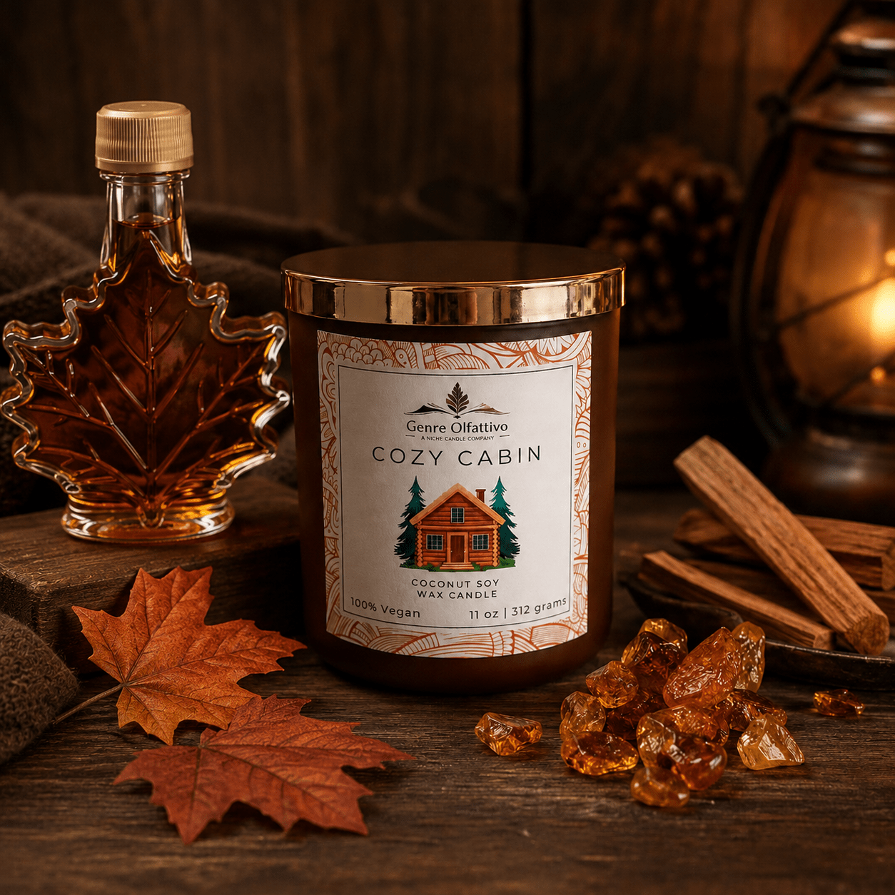 Cozy Cabin | 11 oz Coconut Wax Candle | Double Cotton Wick | Matte Umber Jar - Genre Olfattivo
