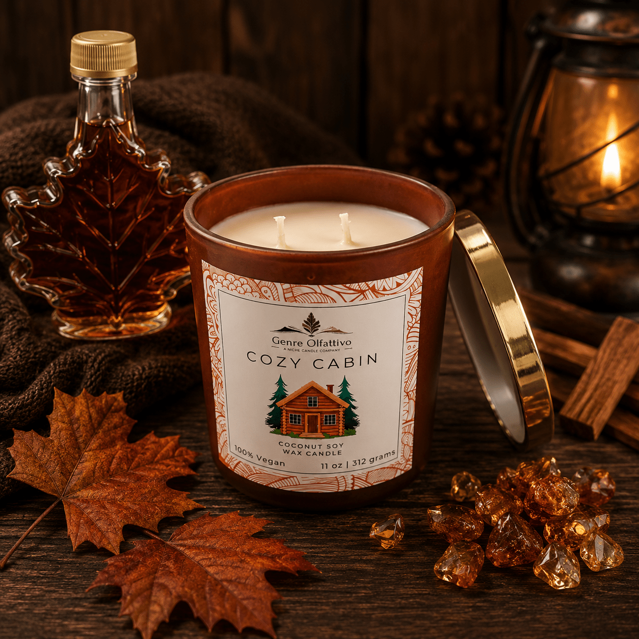Cozy Cabin | 11 oz Coconut Wax Candle | Double Cotton Wick | Matte Umber Jar - Genre Olfattivo
