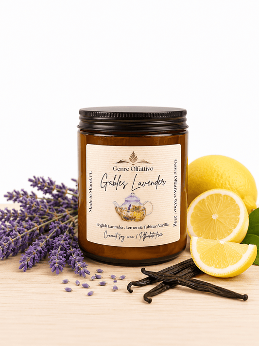Gables Lavender: 8oz Amber Jar English Lavender, Mayer Lemon & Tahitian Vanilla - Genre Olfattivo