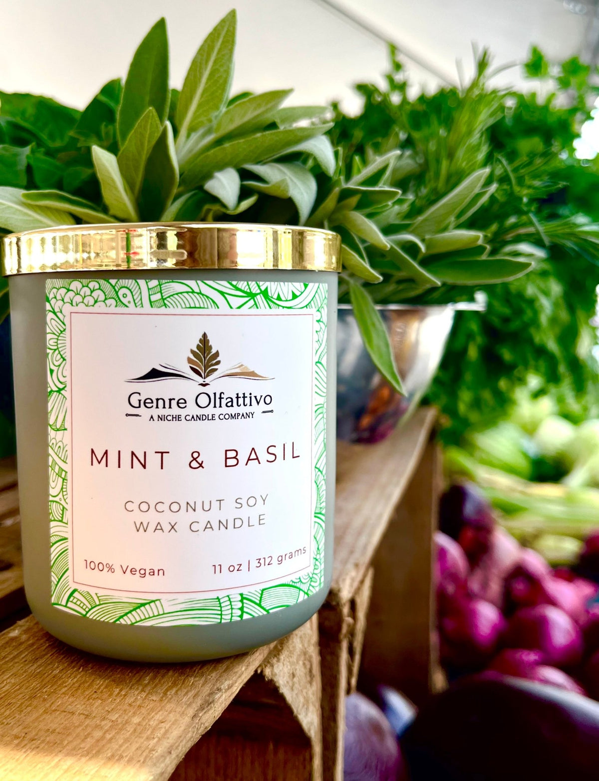 Mint & Basil: 12oz Sage Matte Jar, Chamomile, Mint, Basil, Tomato - Genre Olfattivo