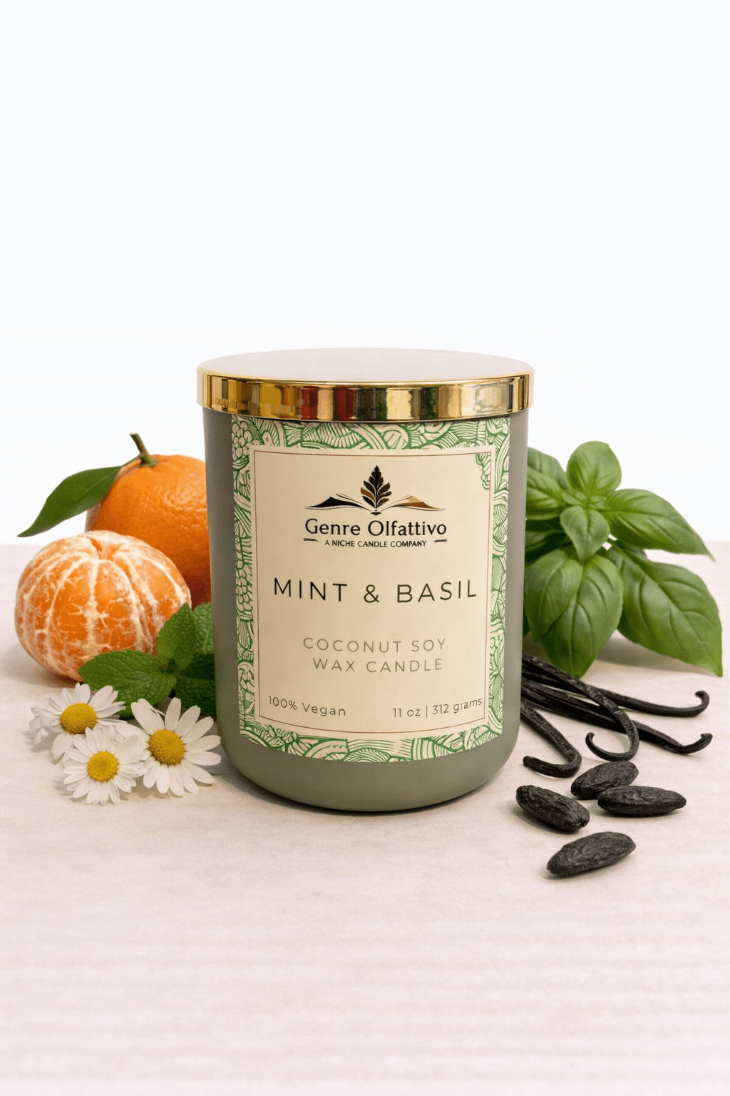 Mint & Basil: 12oz Sage Matte Jar, Chamomile, Mint, Basil, Tomato - Genre Olfattivo
