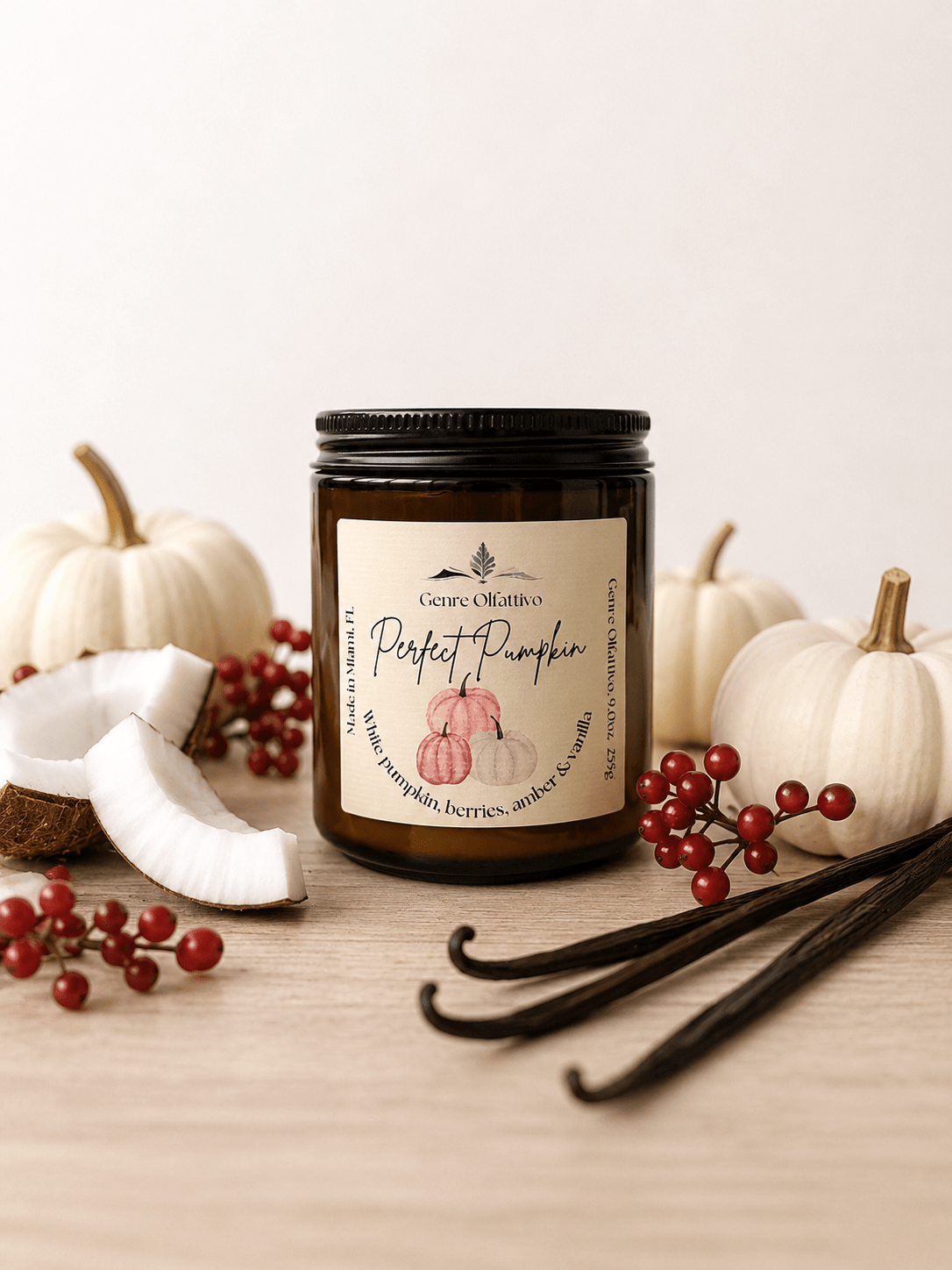 Perfect Pumpkin | 8 oz Coconut Wax Candle | Single Cotton Wick | Amber Glass Jar - Genre Olfattivo