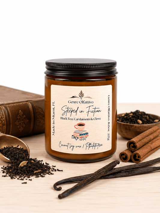 Steeped in Fiction 8oz Amber Jar Bookish Candle - Genre Olfattivo