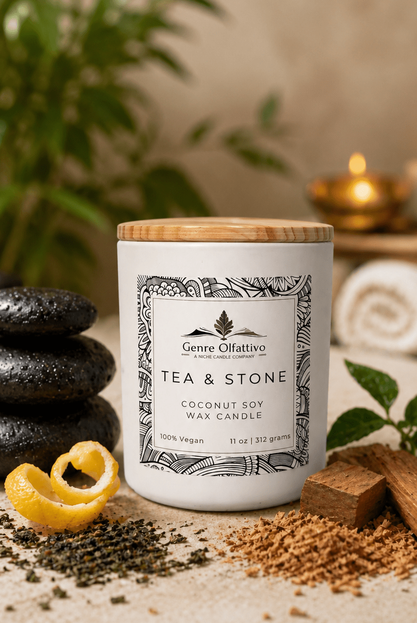 Tea & Stone: 12oz White Matte Jar with Bamboo Lid, White Tea, Linen & Sandalwood - Genre Olfattivo