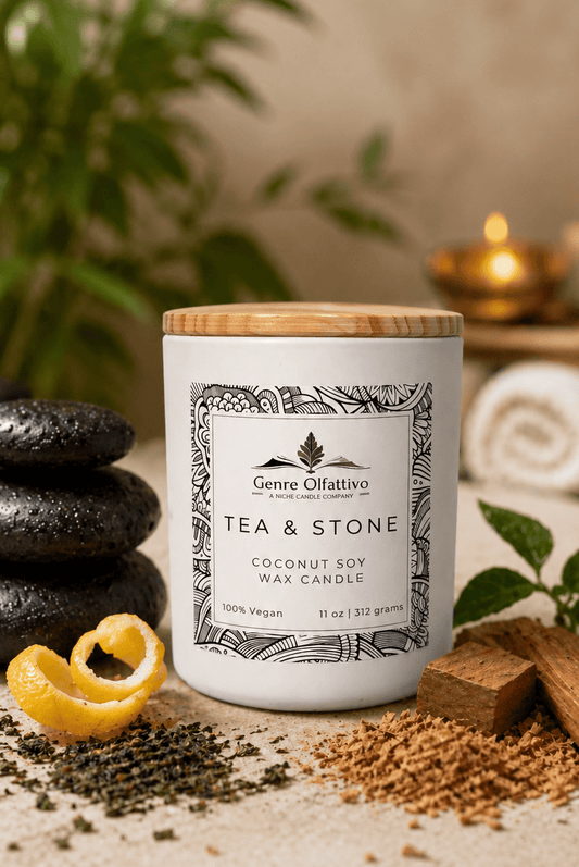 Tea & Stone: 12oz White Matte Jar with Bamboo Lid, White Tea, Linen & Sandalwood - Genre Olfattivo